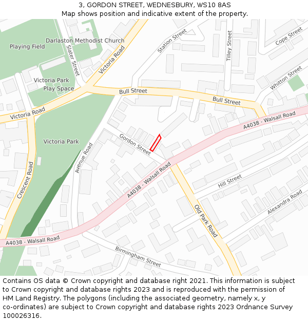 3, GORDON STREET, WEDNESBURY, WS10 8AS: Location map and indicative extent of plot