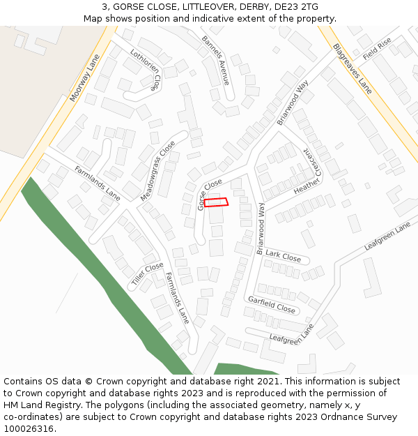 3, GORSE CLOSE, LITTLEOVER, DERBY, DE23 2TG: Location map and indicative extent of plot