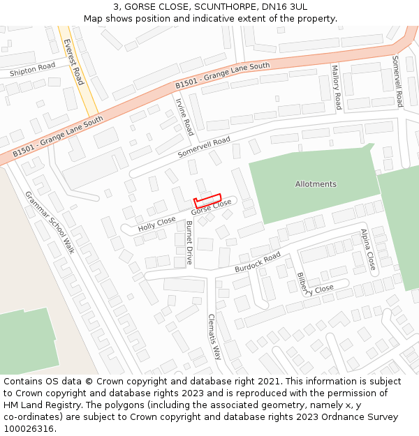 3, GORSE CLOSE, SCUNTHORPE, DN16 3UL: Location map and indicative extent of plot