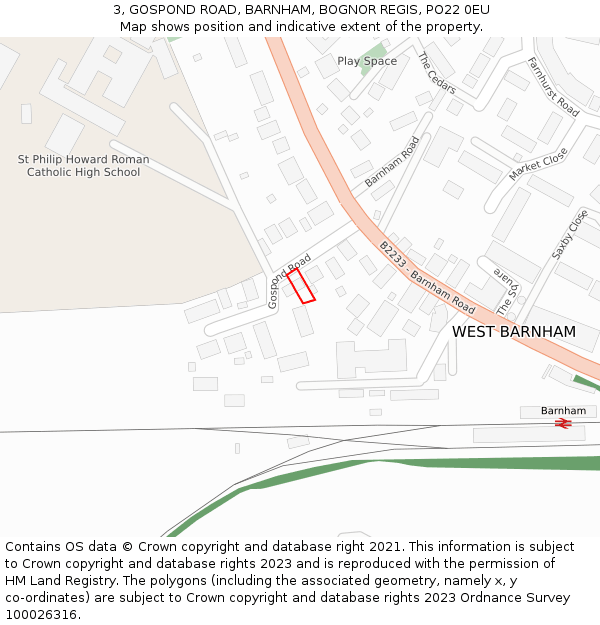 3, GOSPOND ROAD, BARNHAM, BOGNOR REGIS, PO22 0EU: Location map and indicative extent of plot