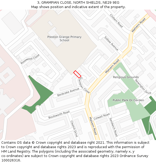 3, GRAMPIAN CLOSE, NORTH SHIELDS, NE29 9EG: Location map and indicative extent of plot