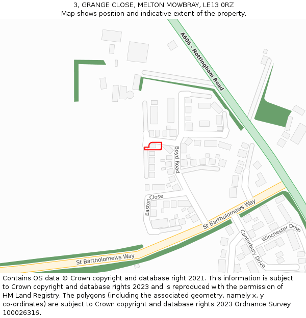 3, GRANGE CLOSE, MELTON MOWBRAY, LE13 0RZ: Location map and indicative extent of plot