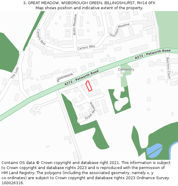 3, GREAT MEADOW, WISBOROUGH GREEN, BILLINGSHURST, RH14 0FX: Location map and indicative extent of plot