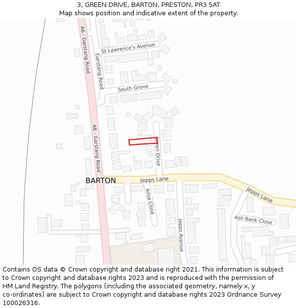 3, GREEN DRIVE, BARTON, PRESTON, PR3 5AT: Location map and indicative extent of plot