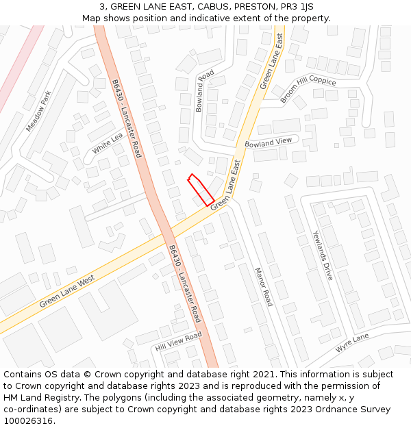 3, GREEN LANE EAST, CABUS, PRESTON, PR3 1JS: Location map and indicative extent of plot