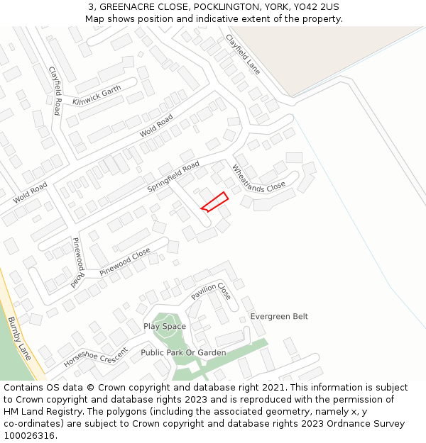 3, GREENACRE CLOSE, POCKLINGTON, YORK, YO42 2US: Location map and indicative extent of plot