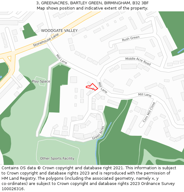 3, GREENACRES, BARTLEY GREEN, BIRMINGHAM, B32 3BF: Location map and indicative extent of plot