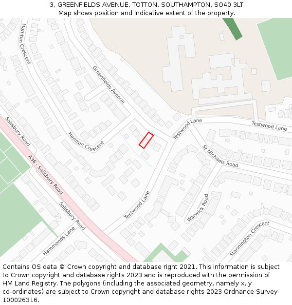 3, GREENFIELDS AVENUE, TOTTON, SOUTHAMPTON, SO40 3LT: Location map and indicative extent of plot