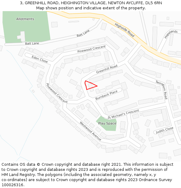 3, GREENHILL ROAD, HEIGHINGTON VILLAGE, NEWTON AYCLIFFE, DL5 6RN: Location map and indicative extent of plot