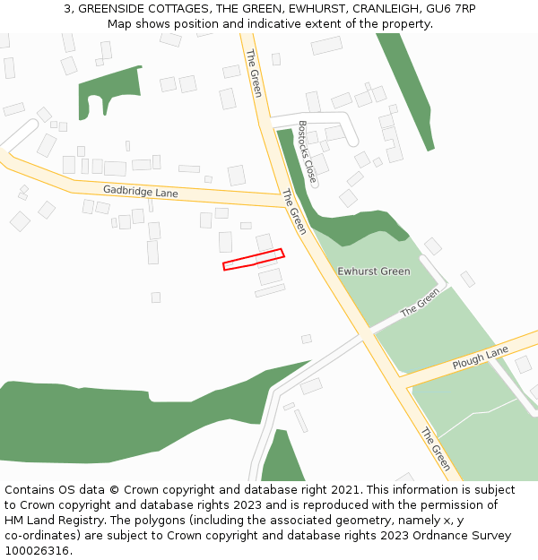 3, GREENSIDE COTTAGES, THE GREEN, EWHURST, CRANLEIGH, GU6 7RP: Location map and indicative extent of plot