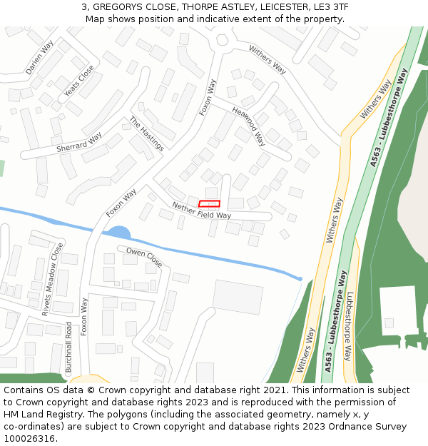 3, GREGORYS CLOSE, THORPE ASTLEY, LEICESTER, LE3 3TF: Location map and indicative extent of plot