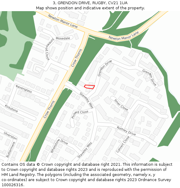 3, GRENDON DRIVE, RUGBY, CV21 1UA: Location map and indicative extent of plot