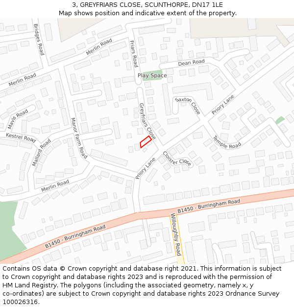3, GREYFRIARS CLOSE, SCUNTHORPE, DN17 1LE: Location map and indicative extent of plot