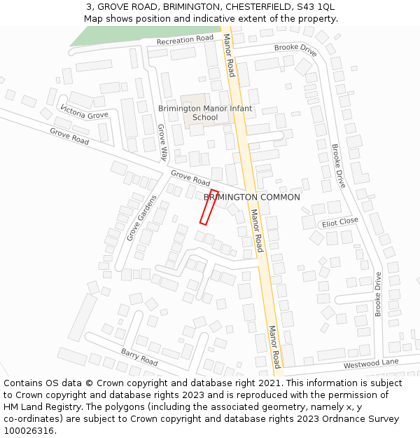 3, GROVE ROAD, BRIMINGTON, CHESTERFIELD, S43 1QL: Location map and indicative extent of plot