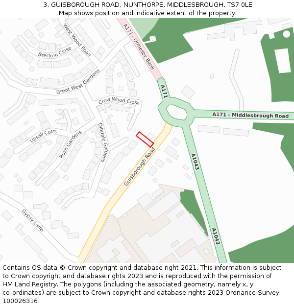 3, GUISBOROUGH ROAD, NUNTHORPE, MIDDLESBROUGH, TS7 0LE: Location map and indicative extent of plot