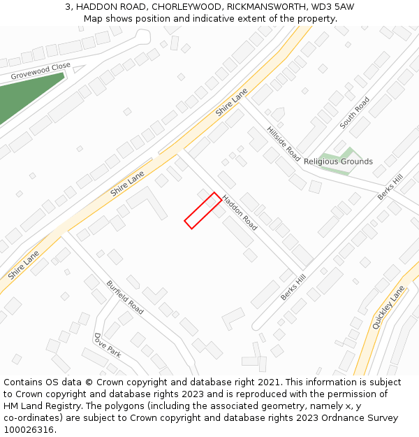 3, HADDON ROAD, CHORLEYWOOD, RICKMANSWORTH, WD3 5AW: Location map and indicative extent of plot