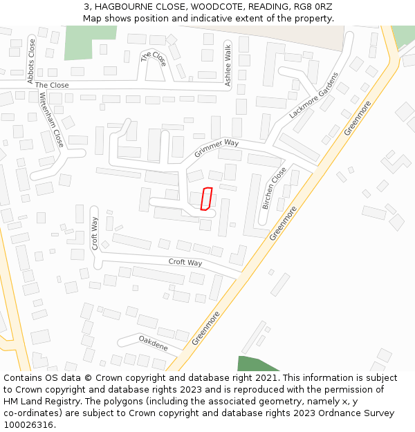 3, HAGBOURNE CLOSE, WOODCOTE, READING, RG8 0RZ: Location map and indicative extent of plot