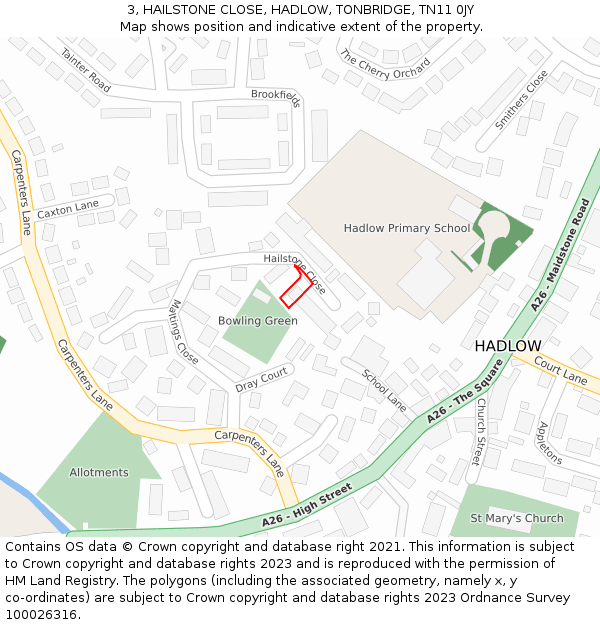 3, HAILSTONE CLOSE, HADLOW, TONBRIDGE, TN11 0JY: Location map and indicative extent of plot