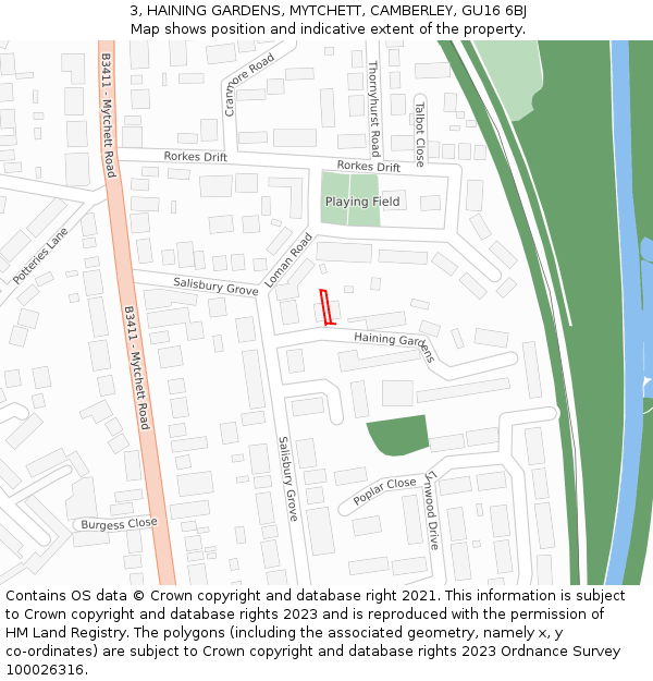 3, HAINING GARDENS, MYTCHETT, CAMBERLEY, GU16 6BJ: Location map and indicative extent of plot