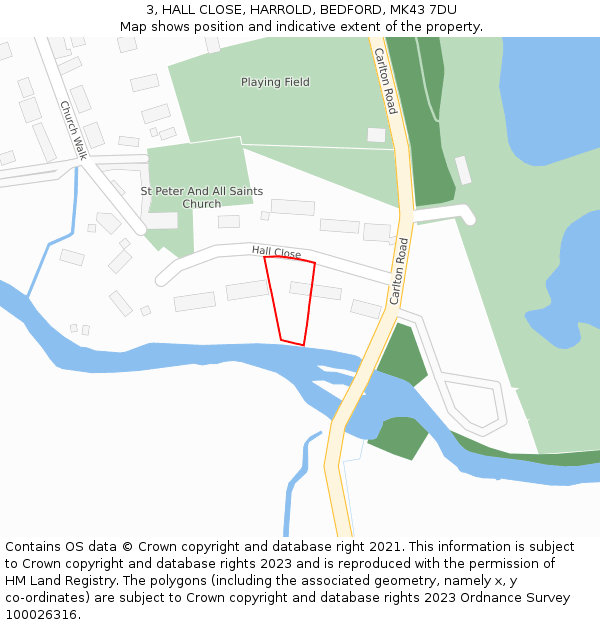 3, HALL CLOSE, HARROLD, BEDFORD, MK43 7DU: Location map and indicative extent of plot