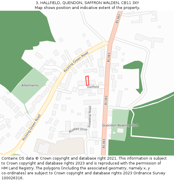 3, HALLFIELD, QUENDON, SAFFRON WALDEN, CB11 3XY: Location map and indicative extent of plot