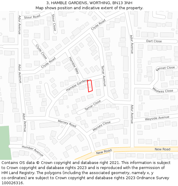 3, HAMBLE GARDENS, WORTHING, BN13 3NH: Location map and indicative extent of plot