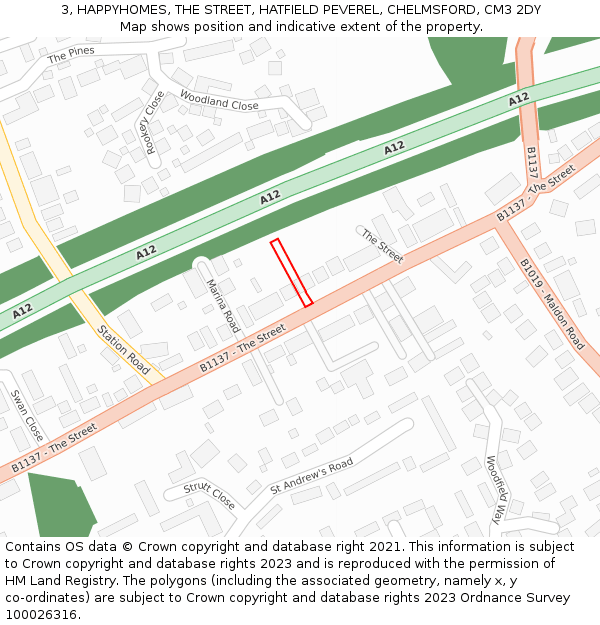 3, HAPPYHOMES, THE STREET, HATFIELD PEVEREL, CHELMSFORD, CM3 2DY: Location map and indicative extent of plot