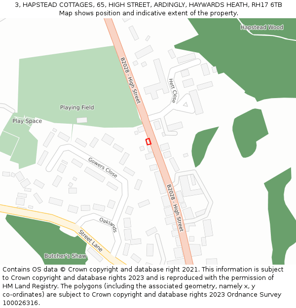 3, HAPSTEAD COTTAGES, 65, HIGH STREET, ARDINGLY, HAYWARDS HEATH, RH17 6TB: Location map and indicative extent of plot