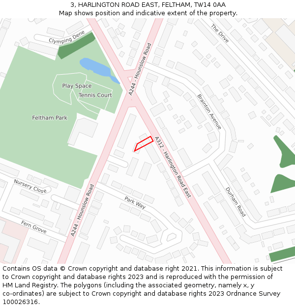 3, HARLINGTON ROAD EAST, FELTHAM, TW14 0AA: Location map and indicative extent of plot