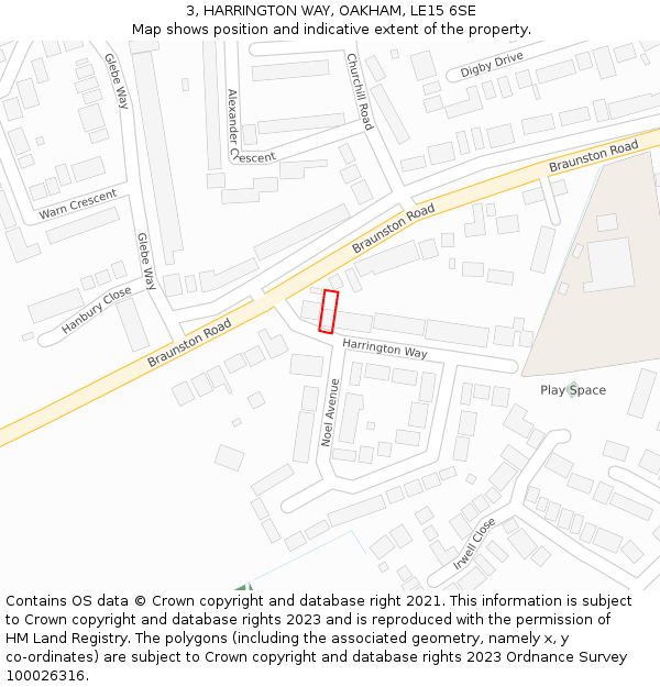 3, HARRINGTON WAY, OAKHAM, LE15 6SE: Location map and indicative extent of plot