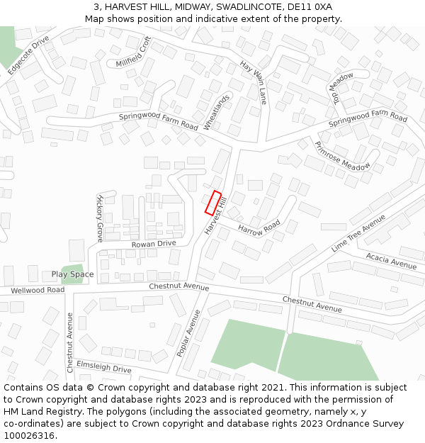 3, HARVEST HILL, MIDWAY, SWADLINCOTE, DE11 0XA: Location map and indicative extent of plot