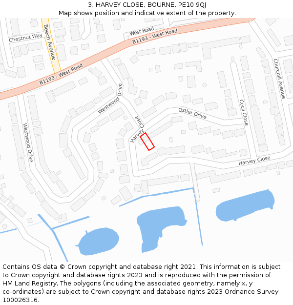 3, HARVEY CLOSE, BOURNE, PE10 9QJ: Location map and indicative extent of plot