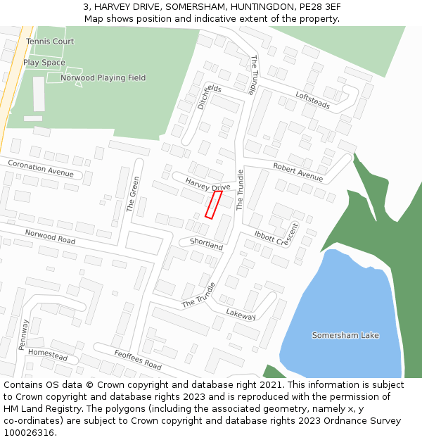 3, HARVEY DRIVE, SOMERSHAM, HUNTINGDON, PE28 3EF: Location map and indicative extent of plot