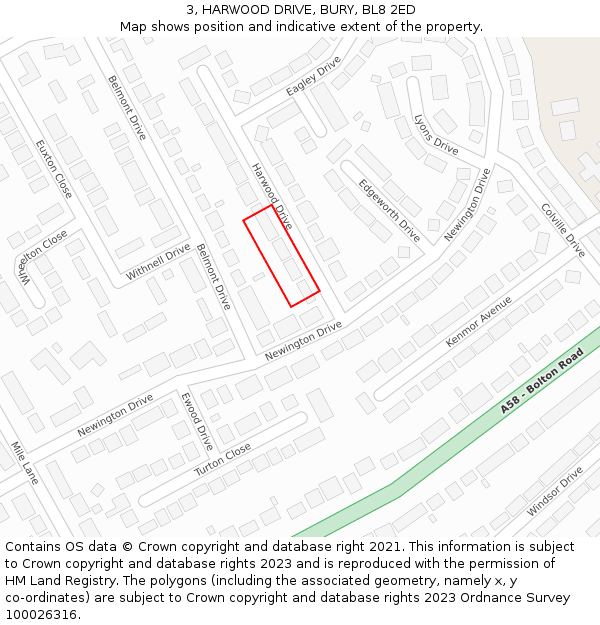 3, HARWOOD DRIVE, BURY, BL8 2ED: Location map and indicative extent of plot