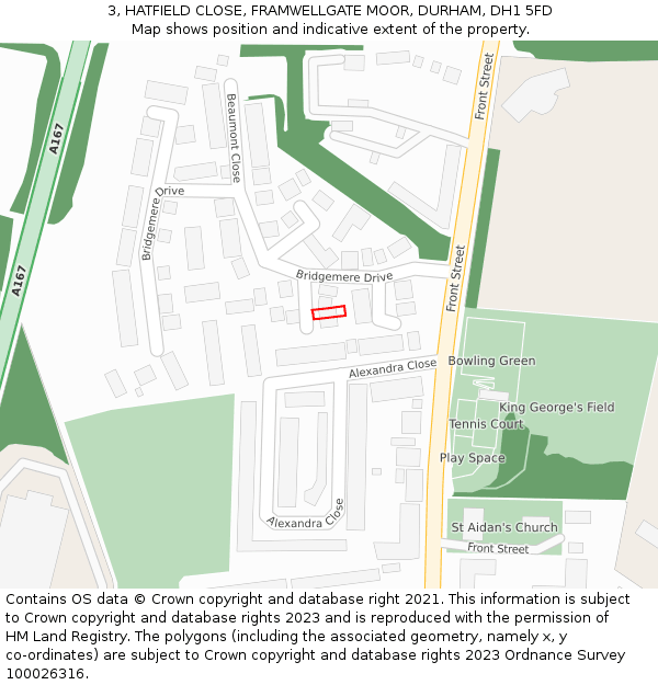 3, HATFIELD CLOSE, FRAMWELLGATE MOOR, DURHAM, DH1 5FD: Location map and indicative extent of plot