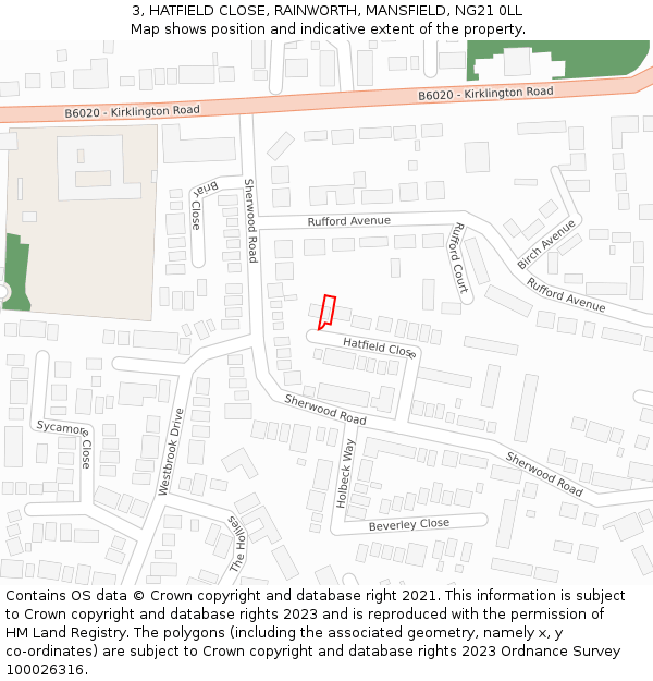 3, HATFIELD CLOSE, RAINWORTH, MANSFIELD, NG21 0LL: Location map and indicative extent of plot