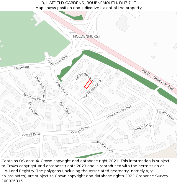 3, HATFIELD GARDENS, BOURNEMOUTH, BH7 7HE: Location map and indicative extent of plot