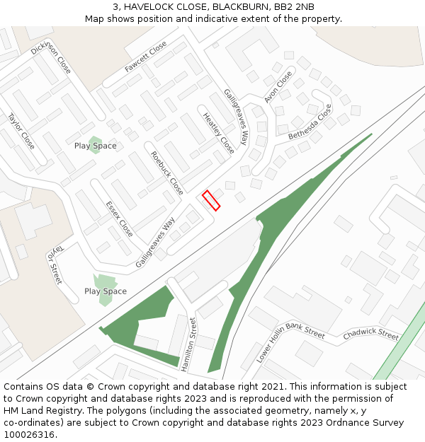 3, HAVELOCK CLOSE, BLACKBURN, BB2 2NB: Location map and indicative extent of plot