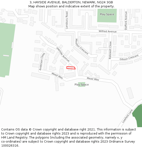 3, HAYSIDE AVENUE, BALDERTON, NEWARK, NG24 3GB: Location map and indicative extent of plot