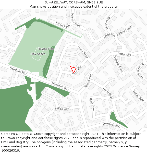 3, HAZEL WAY, CORSHAM, SN13 9UE: Location map and indicative extent of plot