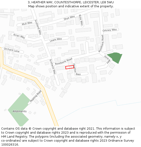 3, HEATHER WAY, COUNTESTHORPE, LEICESTER, LE8 5WU: Location map and indicative extent of plot