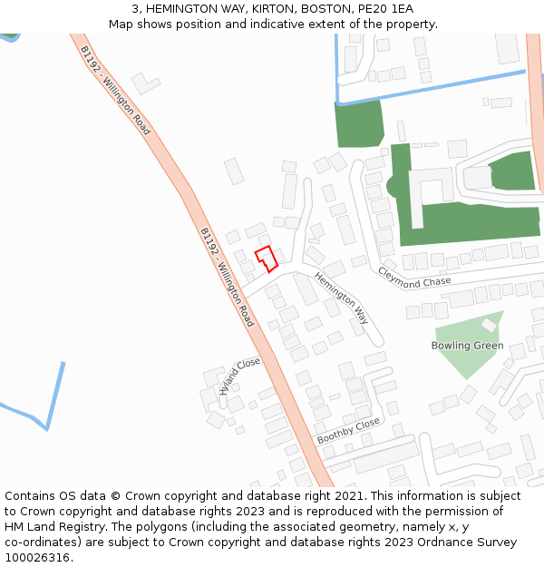 3, HEMINGTON WAY, KIRTON, BOSTON, PE20 1EA: Location map and indicative extent of plot