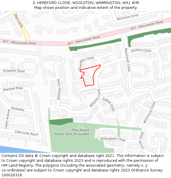 3, HEREFORD CLOSE, WOOLSTON, WARRINGTON, WA1 4HR: Location map and indicative extent of plot