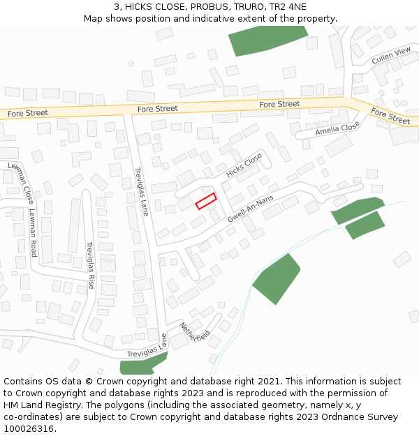 3, HICKS CLOSE, PROBUS, TRURO, TR2 4NE: Location map and indicative extent of plot