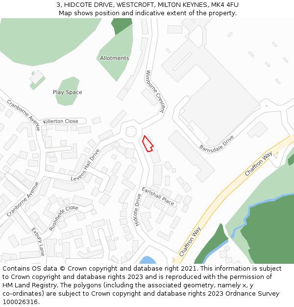 3, HIDCOTE DRIVE, WESTCROFT, MILTON KEYNES, MK4 4FU: Location map and indicative extent of plot