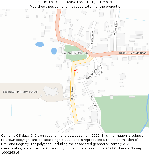 3, HIGH STREET, EASINGTON, HULL, HU12 0TS: Location map and indicative extent of plot