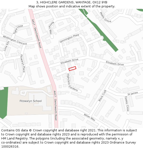 3, HIGHCLERE GARDENS, WANTAGE, OX12 9YB: Location map and indicative extent of plot