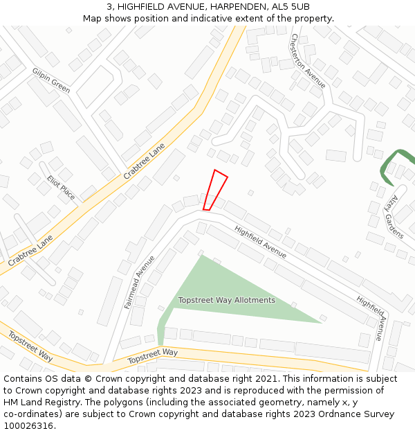 3, HIGHFIELD AVENUE, HARPENDEN, AL5 5UB: Location map and indicative extent of plot