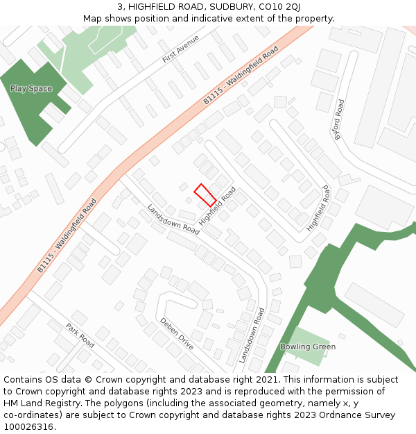 3, HIGHFIELD ROAD, SUDBURY, CO10 2QJ: Location map and indicative extent of plot