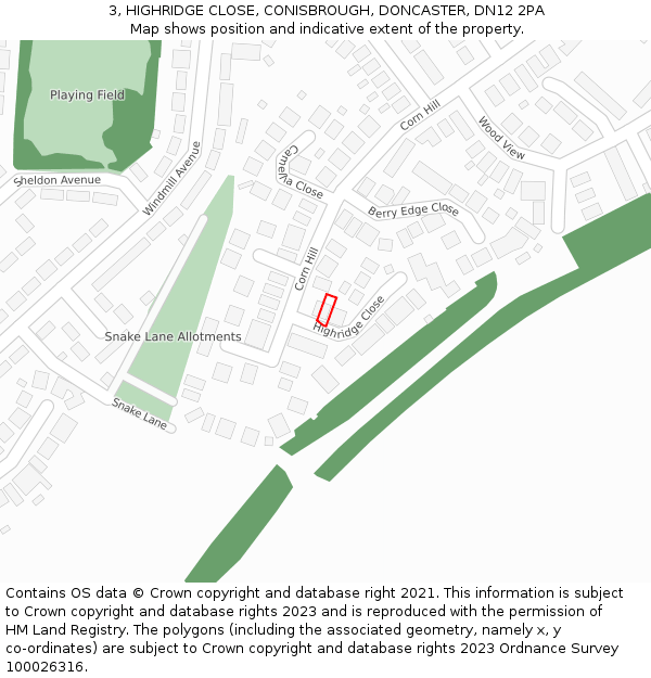3, HIGHRIDGE CLOSE, CONISBROUGH, DONCASTER, DN12 2PA: Location map and indicative extent of plot